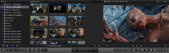 Video editing software interface showing a library of clips and a large preview of a creature.