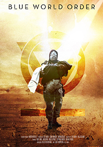 A person in tactical gear and a mask stands against a glowing circular emblem on a textured, golden background.