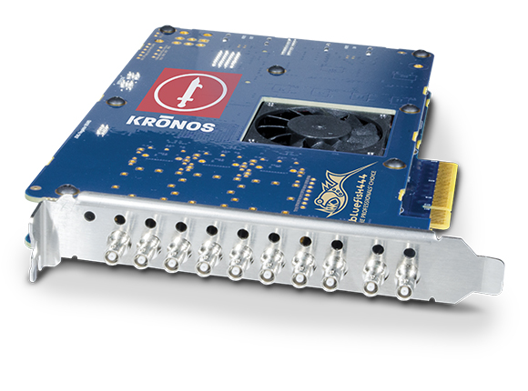 A blue Bluefish444 Kronos circuit board with a small cooling fan and multiple silver input/output connectors.
