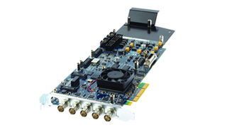A blue printed circuit board featuring a cooling fan, multiple silver connectors, and various electronic components.