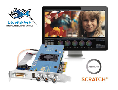 A Bluefish444 expansion card in front of a computer monitor displaying video editing software.