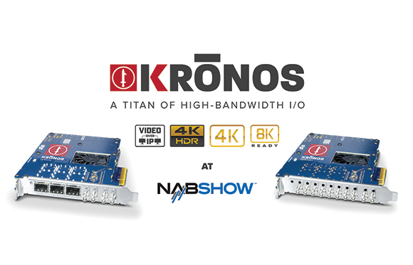 Kronos logo and text above two blue high-bandwidth I/O hardware cards and the NAB Show logo.