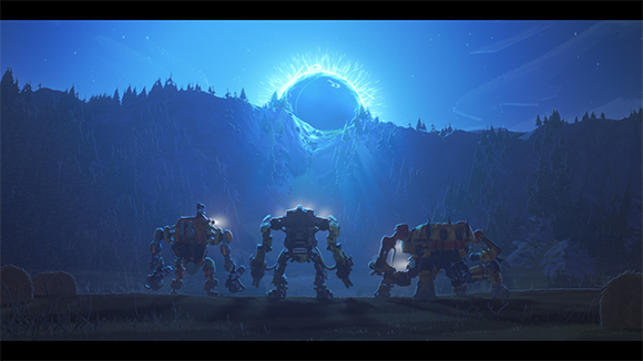 Three large robots stand in a dark field facing a massive, glowing blue orb rising behind mountains.