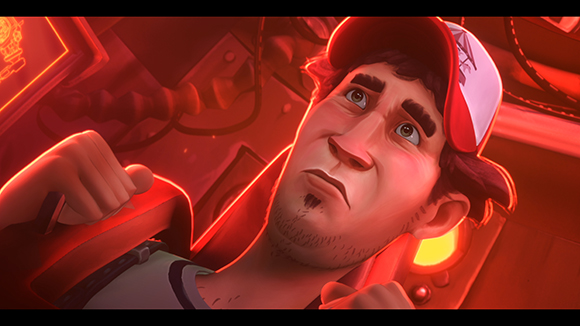 Animated man in a red cap looking up with a concerned expression in a red-lit room.