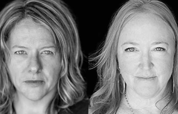 Black and white close-up portraits of two women side by side against a dark background.