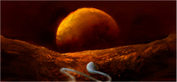 Microscopic view of sperm cells swimming toward a large, glowing orange egg cell in a dark environment.