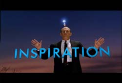 A man in a dark suit stands against a twilight sky with a glowing lightbulb above his head and the word INSPIRATION.