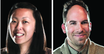 Two headshot portraits: a smiling woman with dark hair on the left and a smiling man on the right.