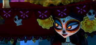 Animated character with sugar skull makeup and yellow flower hair accessories under a red patterned canopy.