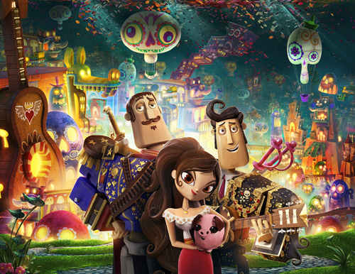 Three animated characters stand in a colorful, whimsical city filled with glowing buildings and hot air balloons.
