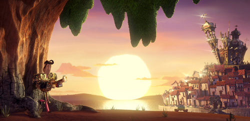 A character leans against a large tree, watching a bright sunset over a whimsical coastal town.
