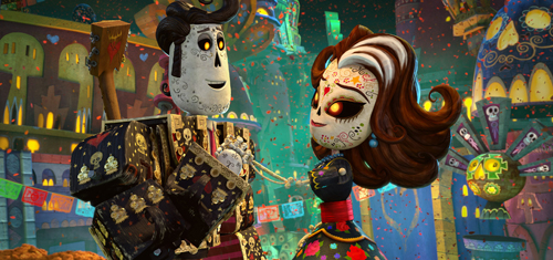 Two animated skeleton characters with colorful face paint standing in a festive, decorated town.