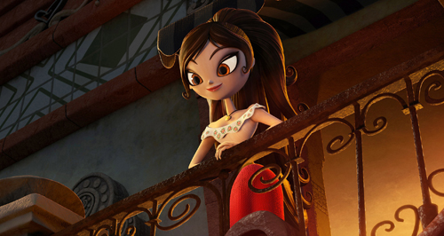 Animated girl with long brown hair and large eyes leaning over an ornate metal balcony railing.