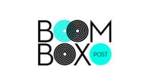 Black text reading Boom Box with circular vinyl record motifs and a cyan circle containing the word POST.