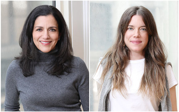 Two portraits of women, one with dark hair in a grey turtleneck and one with wavy brown hair in a white t-shirt.