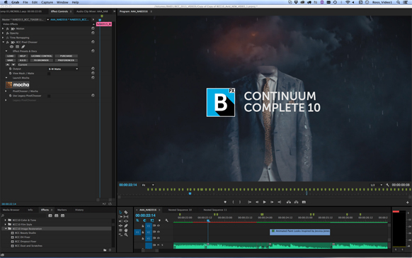 Video editing software interface showing a man in a suit against a dark, stormy background.