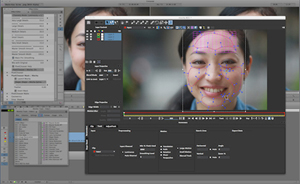 Video editing software interface showing a woman's face with purple and blue facial tracking mesh overlays.