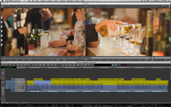 Video editing software interface displaying two clips of people pouring wine on a timeline.