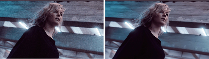 Two side-by-side images of a blonde woman in a dark setting, one grainy and one smooth.