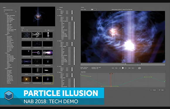 A digital workspace showing particle effect controls, a preview window of a blue nebula, and a graph editor.