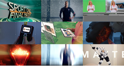 A grid of nine different images including sports graphics, a woman in a lab coat, and a person holding a tablet.
