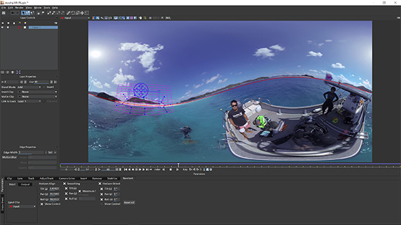 Video editing software interface showing a wide panoramic shot of a boat and people on blue ocean water.