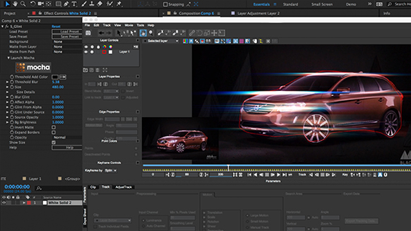 Video editing software interface showing a red car with glowing motion tracking lines and overlays.