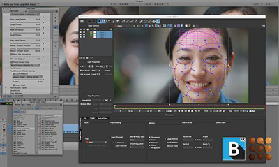 Digital interface displaying a facial mesh and tracking points over a woman's portrait.