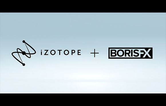 iZotope logo and Boris FX logo separated by a plus sign on a light blue background.
