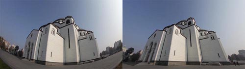 Two wide-angle perspectives of a large white stone church under a clear blue sky.