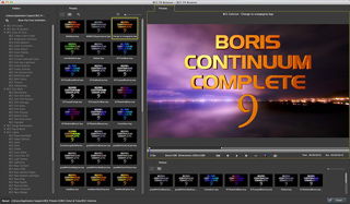 Software interface showing a grid of video thumbnails and a large preview of Boris Continuum Complete 9.