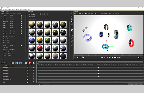 Software interface showing a material library and a 3D viewport with various ring models.
