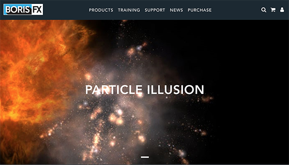 Boris FX website header with navigation menu over a cosmic particle background.