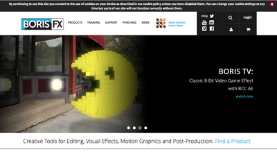 Boris FX website showing a large yellow pixelated circle graphic over a street scene and a black promotional banner.