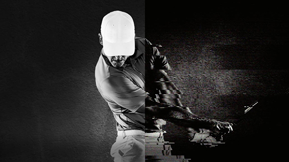 Black and white split image of a man in a golf swing, with the right side showing digital glitch effects.