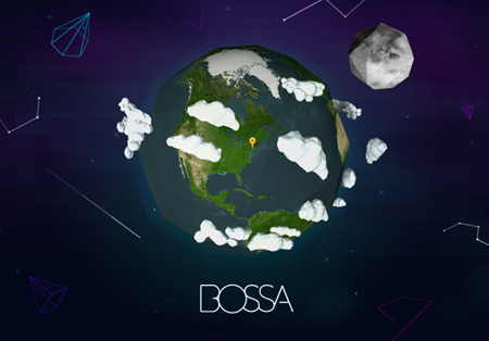 Stylized low-poly Earth with white clouds and a yellow marker, floating in dark space near an asteroid.