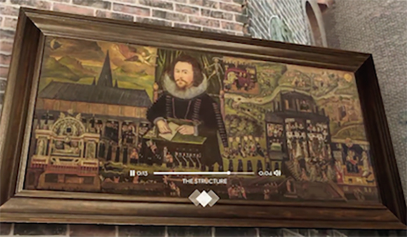A framed painting featuring a central portrait of a man surrounded by various architectural and landscape scenes.