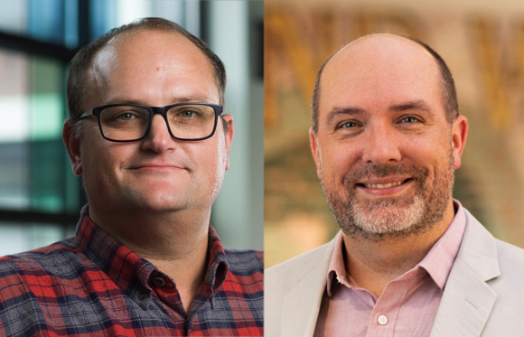 Two smiling men in headshot portraits, one in a plaid shirt and one in a light blazer.