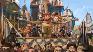 Animated characters with exaggerated features and tall hats celebrate on a decorated parade float.
