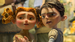 Two animated children with wide eyes and surprised expressions looking toward the side.