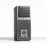 A silver and black vertical desktop computer tower standing on a white surface against a white background.