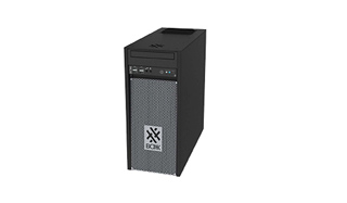 A black mid-tower desktop computer case with a mesh front panel and a logo.