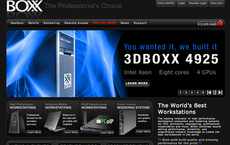BOXX website promoting the 3DBOXX 4925 workstation with Intel Xeon, eight cores, and 4 GPUs.