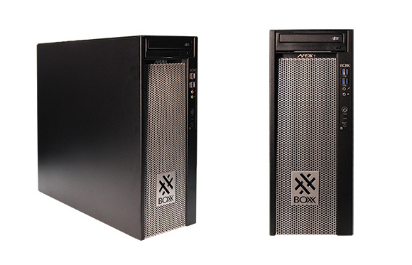 Two black BOXX brand computer desktop towers shown from different angles against a white background.