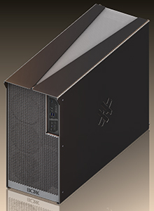 A sleek, black rectangular small form factor computer case with a mesh front panel.