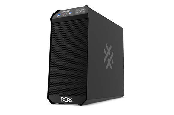 A black, rectangular BOXX computer workstation with a mesh front panel and a logo on the side.