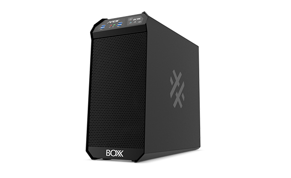 A black, rectangular BOXX computer tower with a mesh front and a stylized logo on the side.
