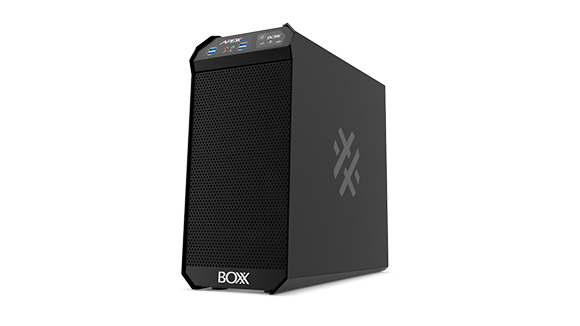 A black rectangular BOXX workstation with a mesh front panel and a logo on the side.