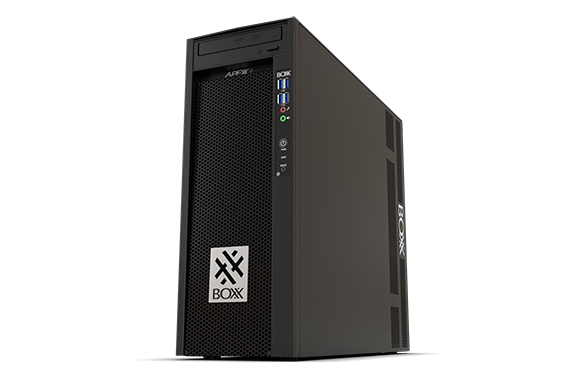 A black BOXX brand desktop computer tower standing vertically against a white background.