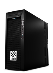 A black vertical desktop computer tower with a mesh front panel and various ports on the side.